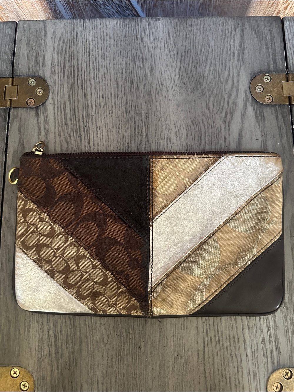 Coach Vintage Y2K Chevron Patchwork Brown & Gold Cosmetic Pouch Wallet RARE FIND